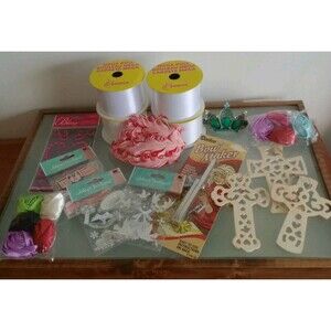 Lot of Craft Supplies: Stickers, Crosses, Ribbon, Bow Maker, Roses, Crown